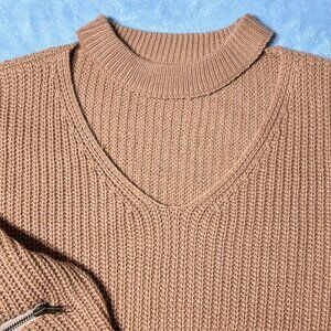 Material Girl Choker Knit Sweater with Choker and Duo Zipper Detail in Camel
